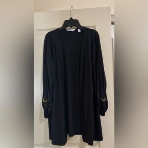 Susan Graver Black Open Front Long Cardigan with Gold Ring Detail